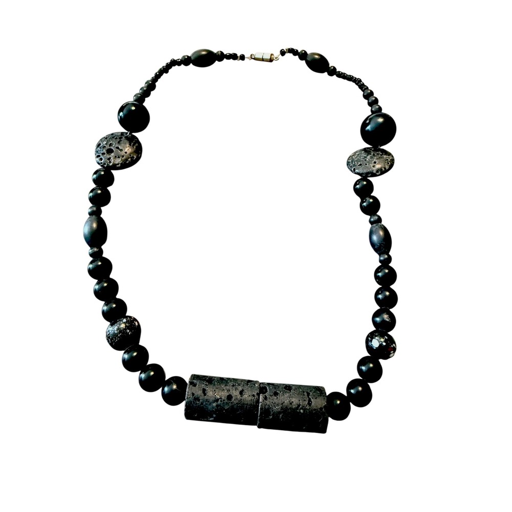 Black Lava Rock Beaded Statement Necklace Chunky Boho Textured Barrel Clasp 18in